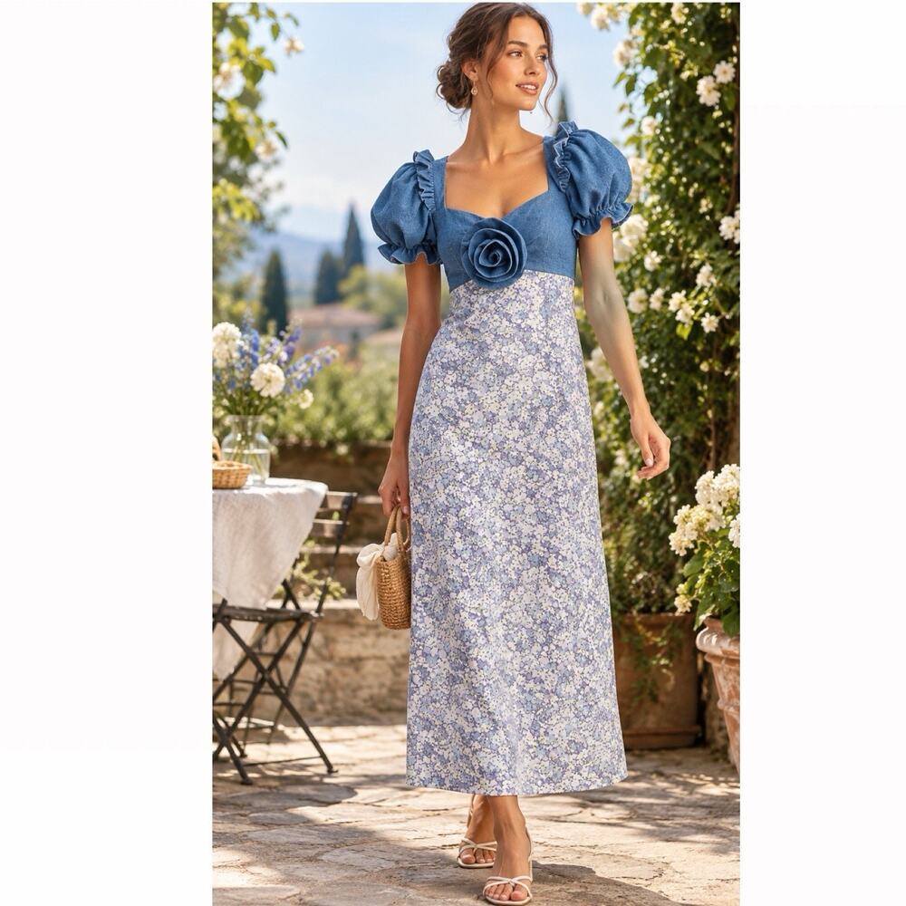 Anthro English Factory Denim Rosette Midi Dress Purple Sz Small Cottage Core